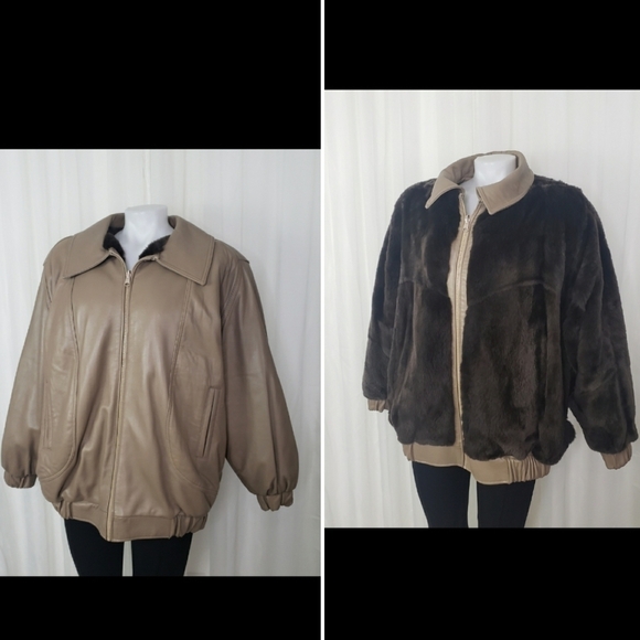 Reversible leather and faux fur coat taupe brown large unique heavy gorgeous - Picture 1 of 11
